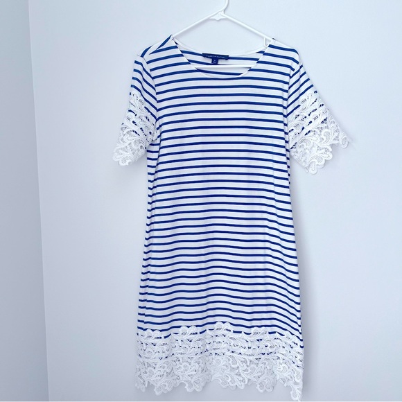 Tommy Hilfiger Blue and White Striped Dress with Lace Design Size Medium - Picture 1 of 7
